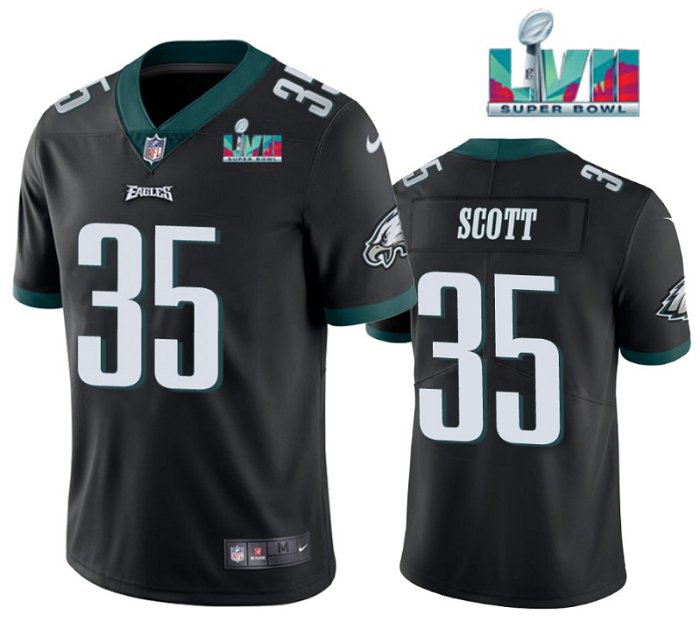 Mens Philadelphia Eagles #35 Boston Scott Black Super Bowl LVII Patch Vapor Untouchable Limited Stitched Football Jersey