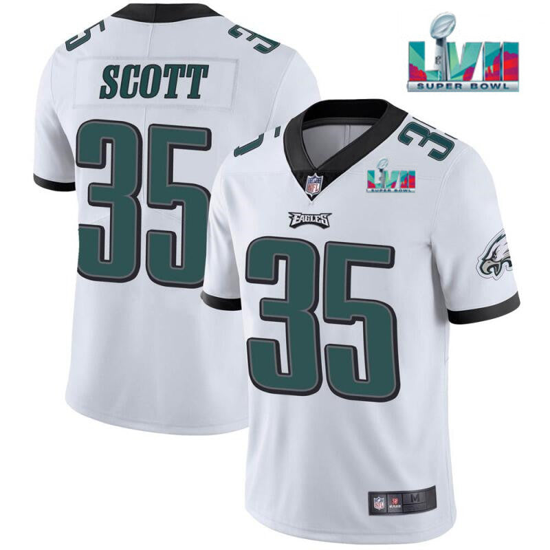 Mens Philadelphia Eagles #35 Boston Scott White Super Bowl LVII Patch Vapor Untouchable Limited Stitched Football Jersey