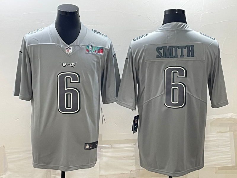 Mens Philadelphia Eagles #6 DeVonta Smith Gray Super Bowl LVII Patch Atmosphere Fashion Stitched Jersey