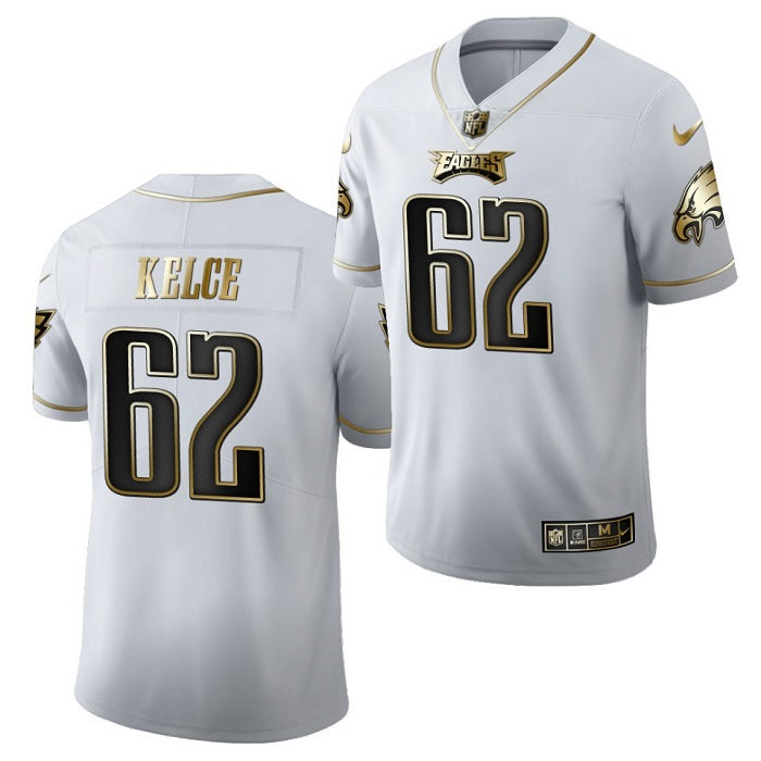 Mens Philadelphia Eagles #62 Jason Kelce White Golden Limited Stitched Jersey