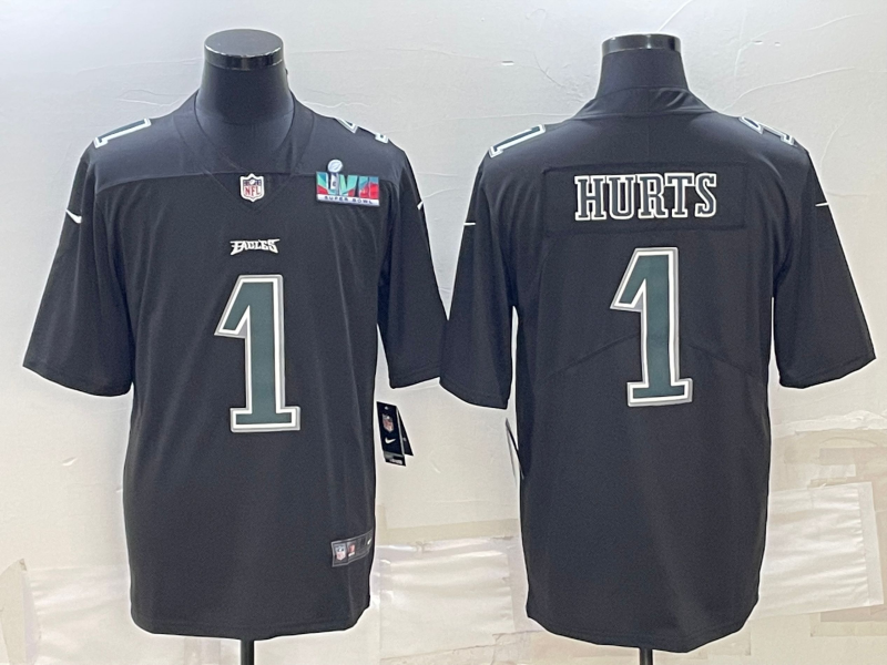 Mens Philadelphia Eagles #1 Jalen Hurts Black Green Super Bowl LVII Patch Vapor Untouchable Limited Stitched Jersey