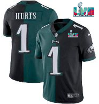 Mens Philadelphia Eagles #1 Jalen Hurts Black Green Split Super Bowl LVII Patch Limited Stitched Jersey