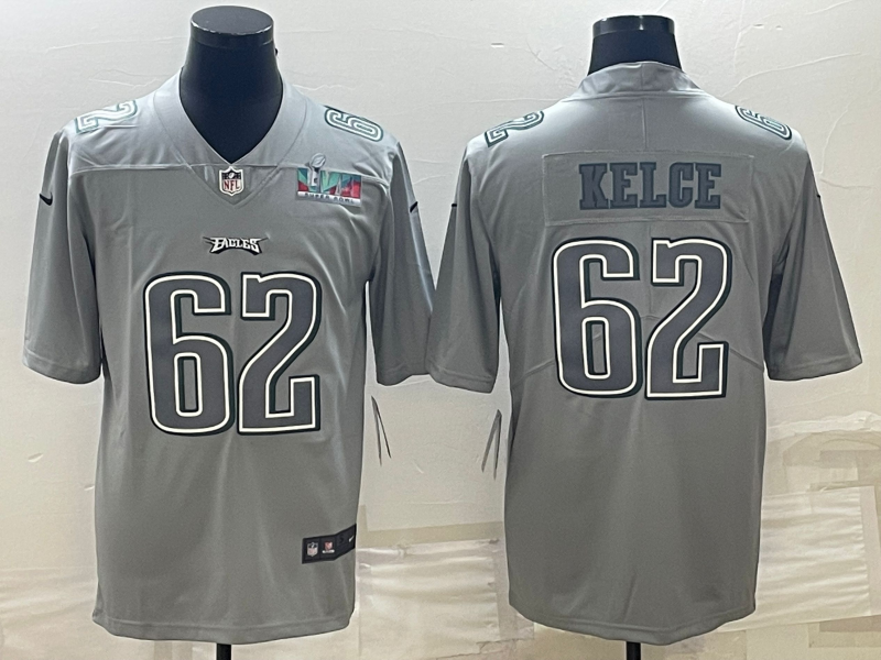 Mens Philadelphia Eagles #62 Jason Kelce Gray Super Bowl LVII Patch Atmosphere Fashion Stitched Jersey