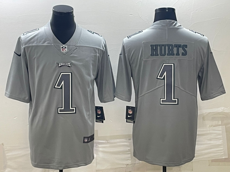 Mens Philadelphia Eagles #1 Jalen Hurts Gray Atmosphere Fashion Stitched Jersey