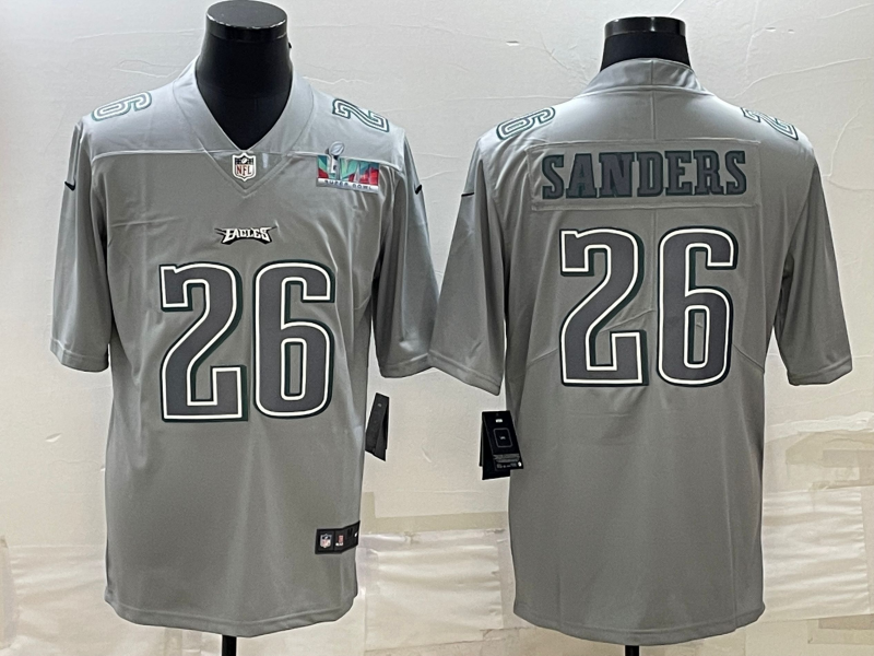 Mens Philadelphia Eagles #26 Miles Sanders Gray Super Bowl LVII Patch Atmosphere Fashion Stitched Jersey