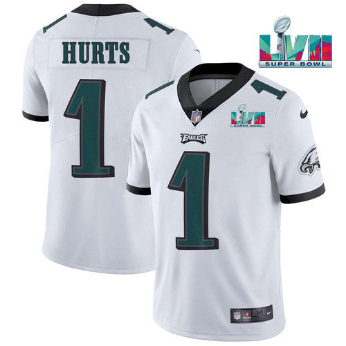 Mens Philadelphia Eagles #1 Jalen Hurts White Super Bowl LVII Patch Vapor Untouchable Limited Stitched Jersey