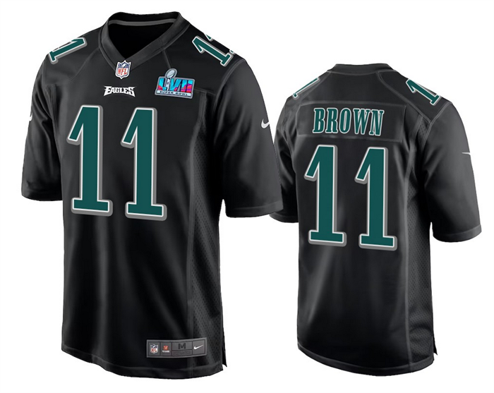 Mens Philadelphia Eagles #11 AJ Brown Black Super Bowl LVII Patch Stitched Game Jersey