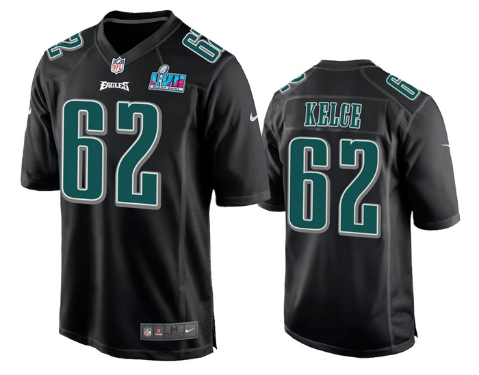 Mens Philadelphia Eagles #62 Jason Kelce Black Super Bowl LVII Patch Stitched Game Jersey
