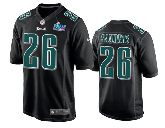 Mens Philadelphia Eagles #26 Miles Sanders Black Super Bowl LVII Patch Stitched Game Jersey