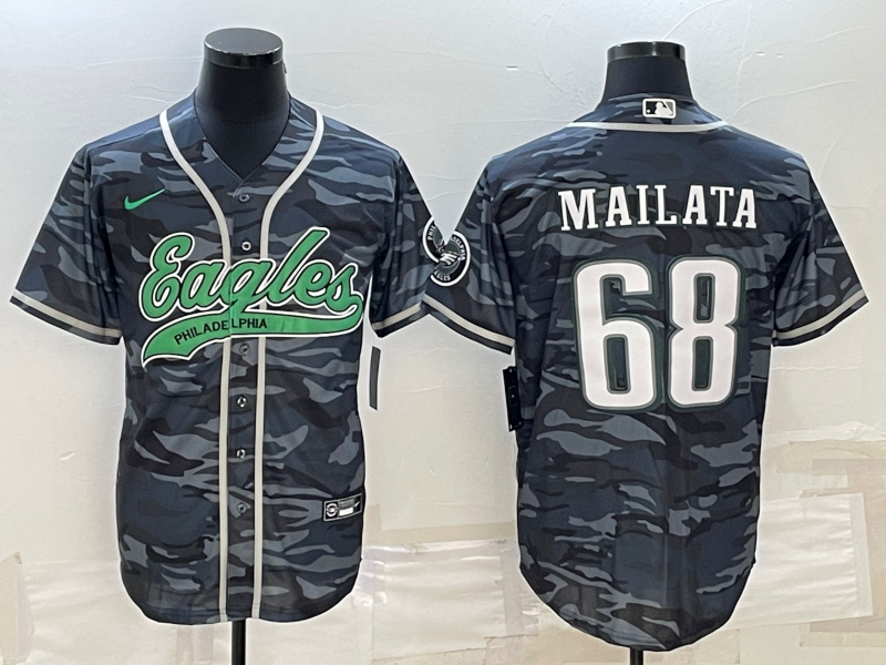 Mens Philadelphia Eagles #68 Jordan Mailata Grey Camo With Patch Cool Base Stitched Baseball Jersey