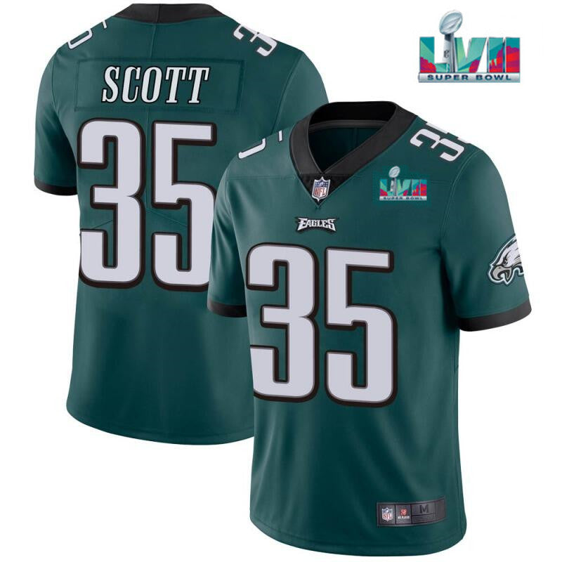 Mens Philadelphia Eagles #35 Boston Scott Green Super Bowl LVII Patch Vapor Untouchable Limited Stitched Jersey