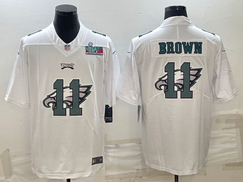 Mens Philadelphia Eagles #11 A J Brown Super Bowl LVII Patch White Shadow Logo Limited Stitched Jersey