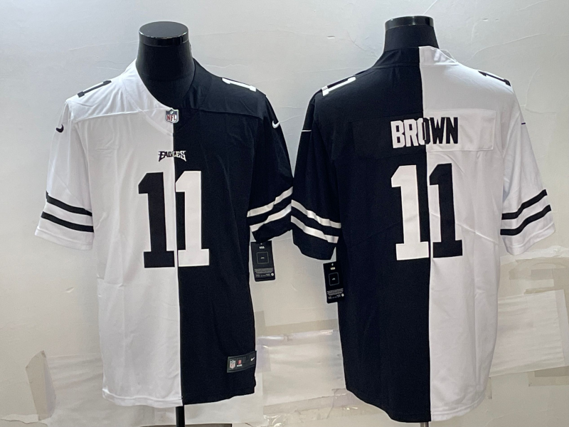 Mens Philadelphia Eagles #11 AJ Brown Black White Split Limited Stitched Jersey