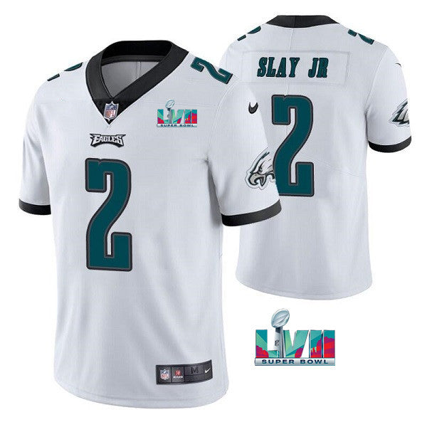 Mens Philadelphia Eagles #2 Darius Slay JR White Super Bowl LVII Patch Vapor Untouchable Limited Stitched Jersey