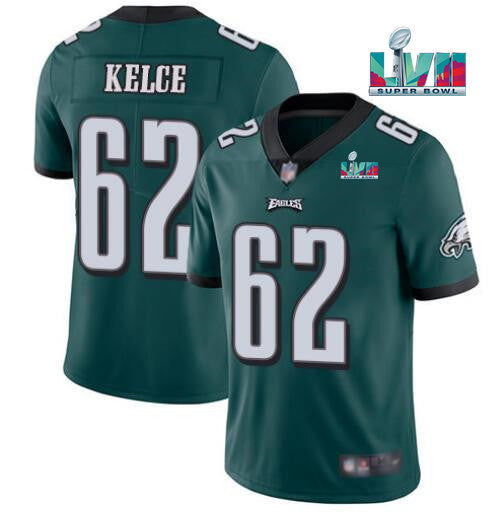 Mens Philadelphia Eagles #62 Jason Kelce Green Super Bowl LVII Patch Vapor Untouchable Limited Stitched Jersey