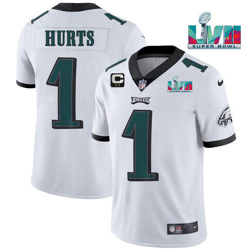 Mens Philadelphia Eagles #1 Jalen Hurts White Super Bowl LVII Patch And 2-star C Patch Vapor Untouchable Limited Stitched Jersey