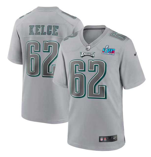 Mens Philadelphia Eagles #62 Jason Kelce Grey Super Bowl LVII Patch Atmosphere Fashion Stitched Game Jersey
