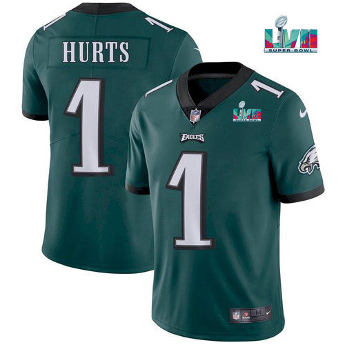 Mens Philadelphia Eagles #1 Jalen Hurts Green Super Bowl LVII Patch Vapor Untouchable Limited Stitched Jersey