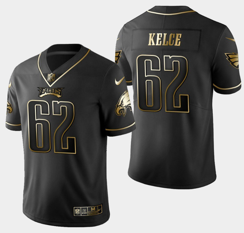 Mens Philadelphia Eagles #62 Jason Kelce Black Golden Edition Stitched Football Jersey