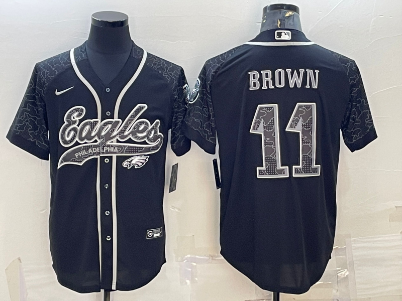 Mens Philadelphia Eagles #11 A J Brown Black Reflective With Patch Cool Base Stitched Baseball Jersey