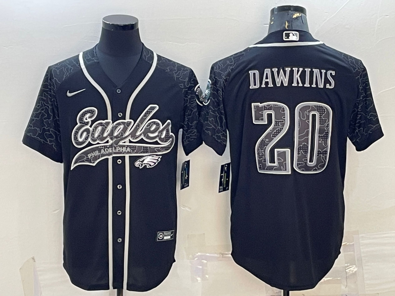 Mens Philadelphia Eagles #20 Brian Dawkins Black Reflective With Patch Cool Base Stitched Baseball Jersey