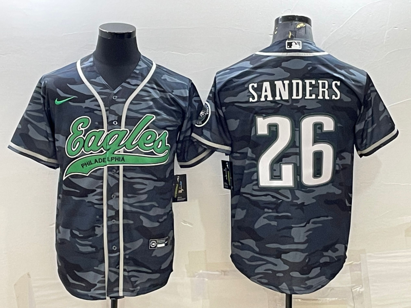 Mens Philadelphia Eagles #26 Miles Sanders Grey Camo With Patch Cool Base Stitched Baseball Jersey
