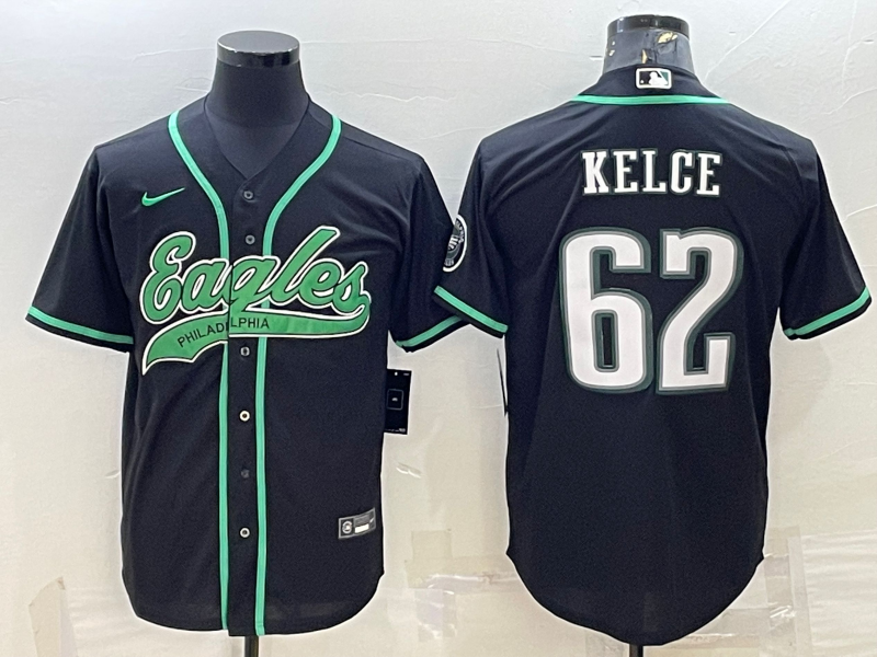 Mens Philadelphia Eagles #62 Jason Kelce Black With Patch Cool Base Stitched Baseball Jersey
