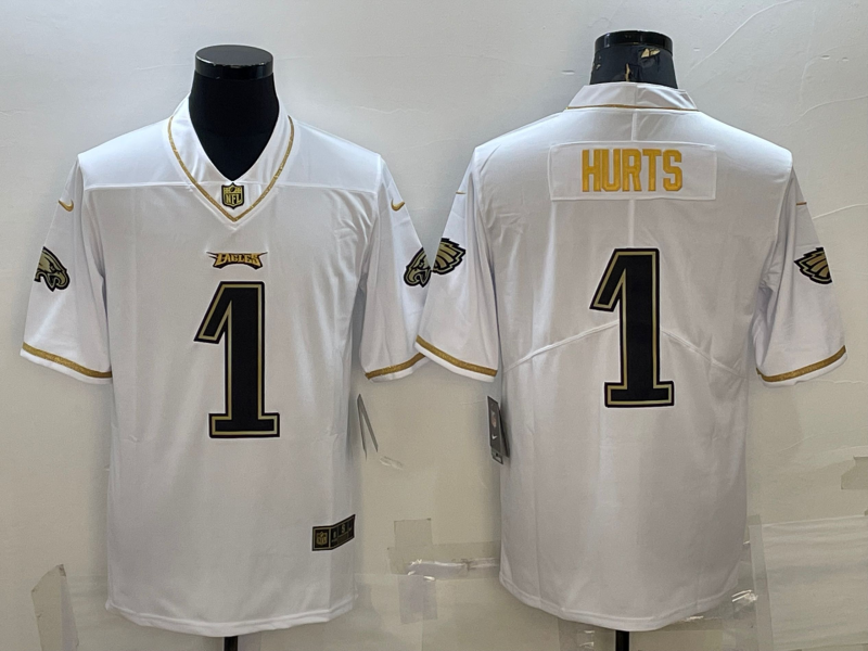 Mens Philadelphia Eagles #1 Jalen Hurts White Gold Limited Stitched Jersey