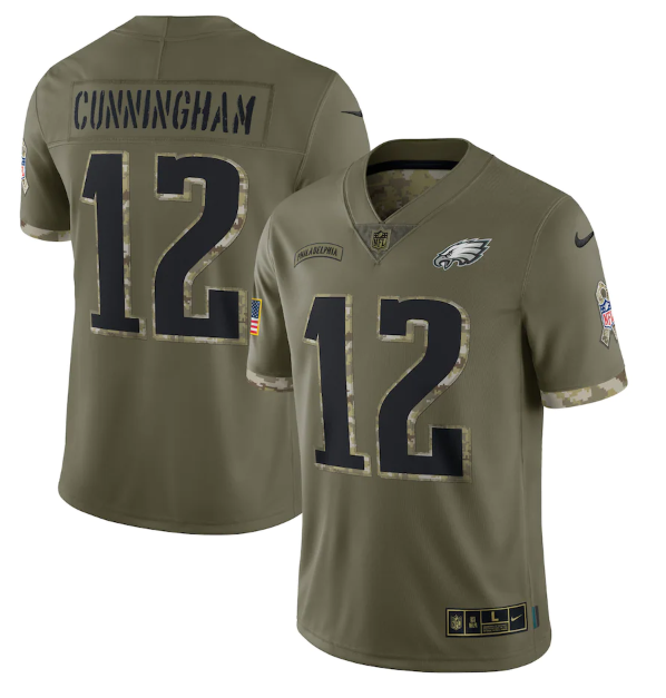 Mens Philadelphia Eagles #12 Randall Cunningham Olive 2022 Salute To Service Limited Stitched Jersey