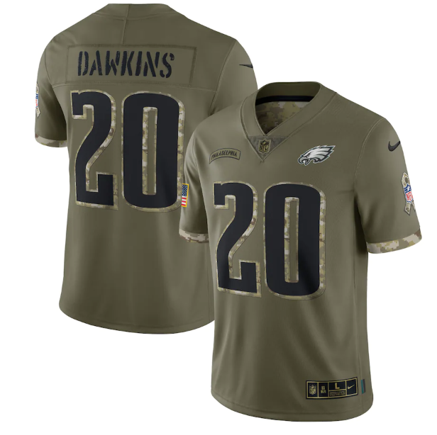 Mens Philadelphia Eagles #20 Brian Dawkins Olive 2022 Salute To Service Limited Stitched Jersey