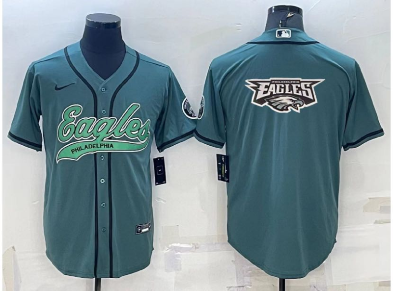 Mens Philadelphia Eagles Green Team Big Logo With Patch Cool Base Stitched Baseball Jersey