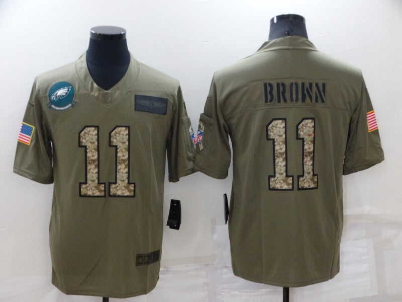 Mens Philadelphia Eagles #11 A J Brown Olive/Camo Salute To Service Limited Stitched Jersey