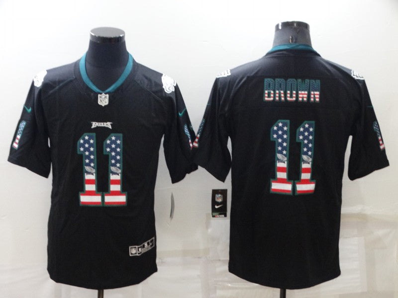 Mens Philadelphia Eagles #11 A J Brown Black USA Flag Color Rush Limited Stitched Jersey