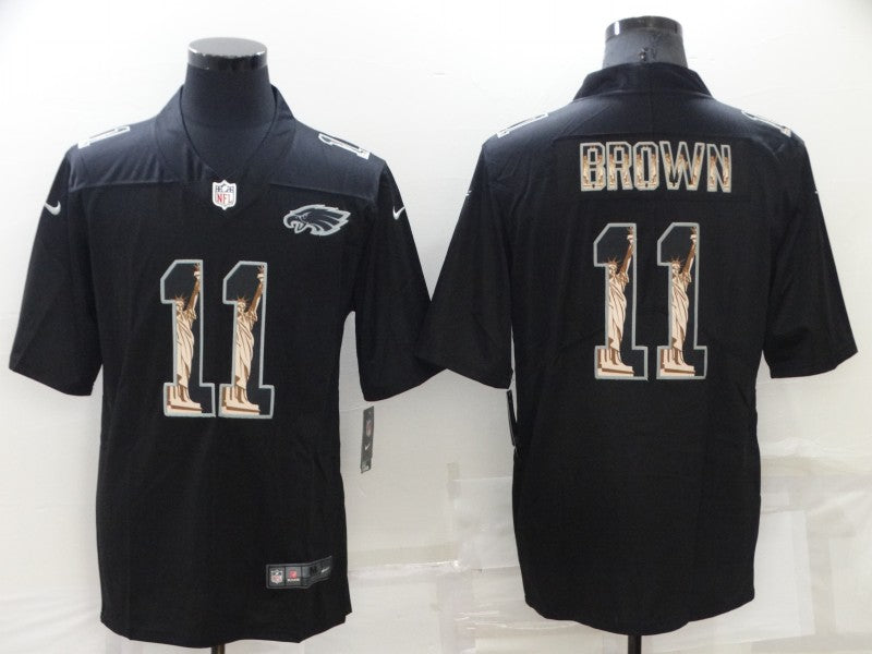 Mens Philadelphia Eagles #11 A J Brown Black Statue of Liberty Limited Stitched Jersey