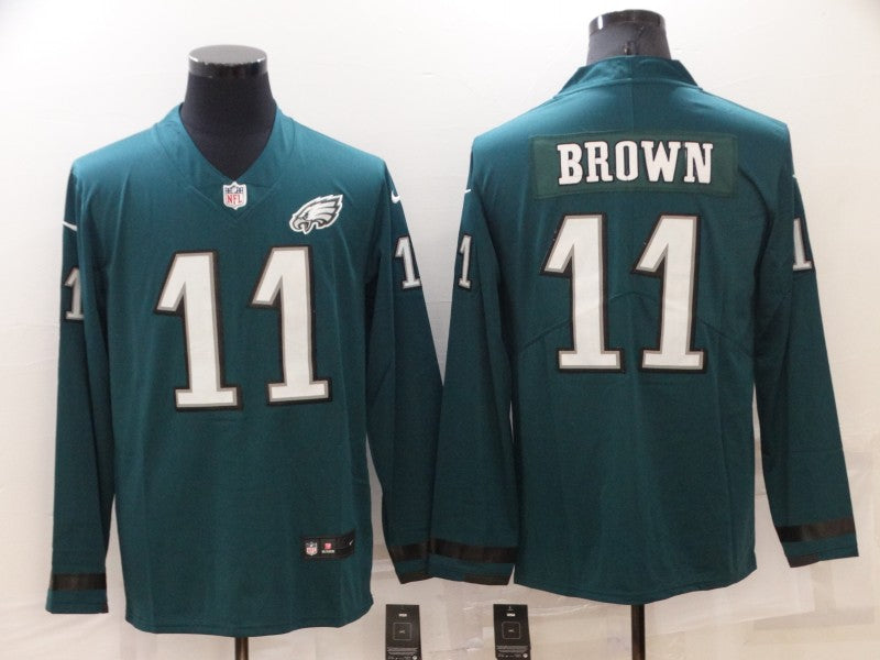 Mens Philadelphia Eagles #11 A J Brown Green Therma Long Sleeve Stitched Jersey