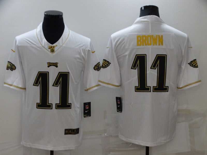 Mens Philadelphia Eagles #11 A J Brown 100th Season Golden Edition Stitched Jersey