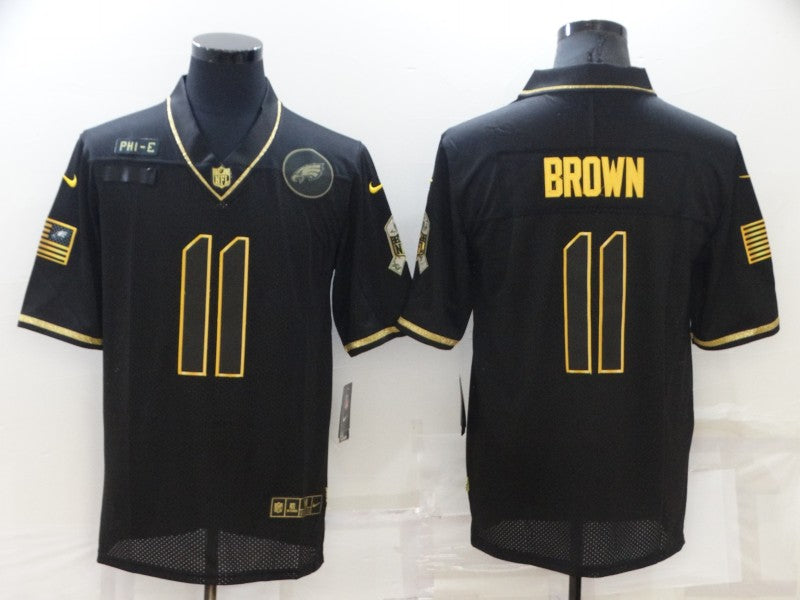 Mens Philadelphia Eagles #11 A J Brown Black/Gold Salute To Service Limited Stitched Jersey