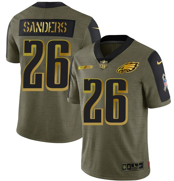 Mens Philadelphia Eagles #26 Miles Sanders 2021 Olive Salute To Service Golden Limited Stitched Jersey
