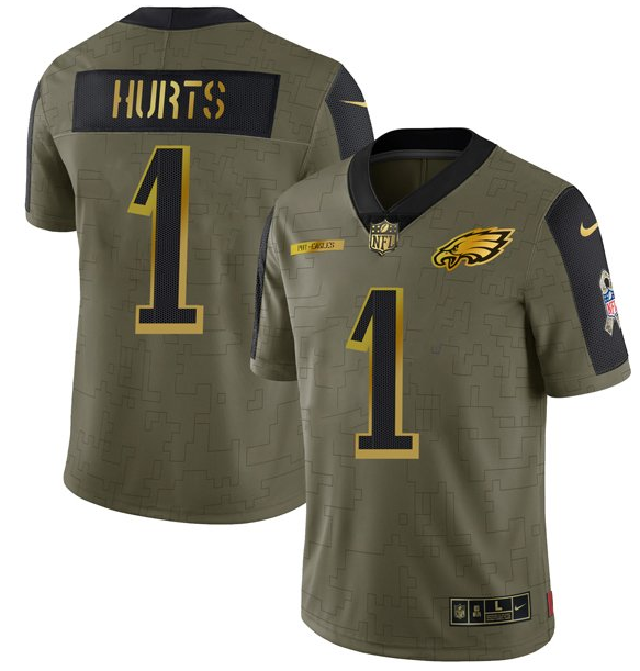 Mens Philadelphia Eagles #1 Jalen Hurts 2021 Olive Salute To Service Golden Limited Stitched Jersey