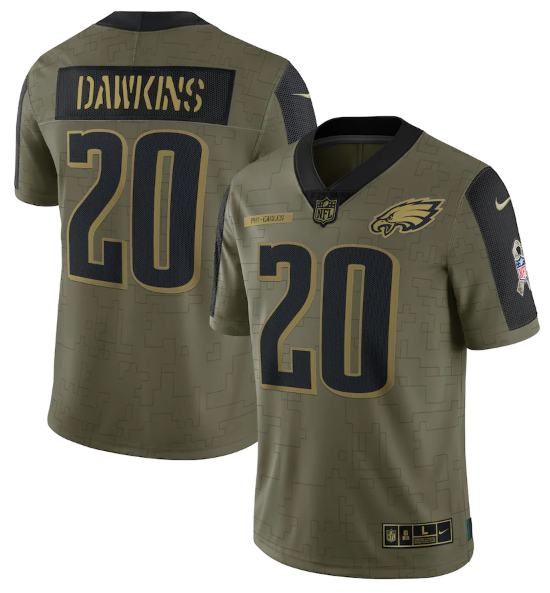 Mens Philadelphia Eagles #20 Brian Dawkins 2021 Olive Salute To Service Limited Stitched Jersey