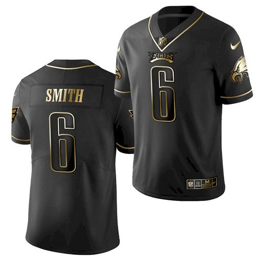 Mens Philadelphia Eagles #6 DeVonta Smith Black Golden Edition Stitched Jersey