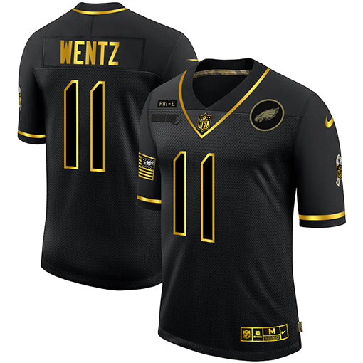 Mens Philadelphia Eagles #11 Carson Wentz 2020 Black/Gold Salute To Service Limited Stitched Jersey