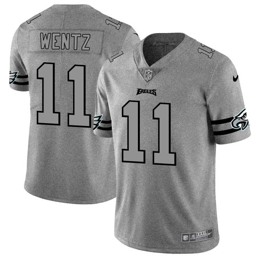 Mens Philadelphia Eagles #11 Carson Wentz 2019 Gray Gridiron Team Logo Limited Stitched NFL Jersey