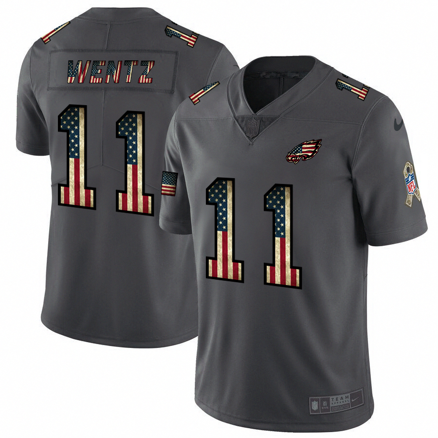 Mens Philadelphia Eagles #11 Carson Wentz Grey 2019 Salute To Service USA Flag Fashion Limited Stitched NFL Jersey