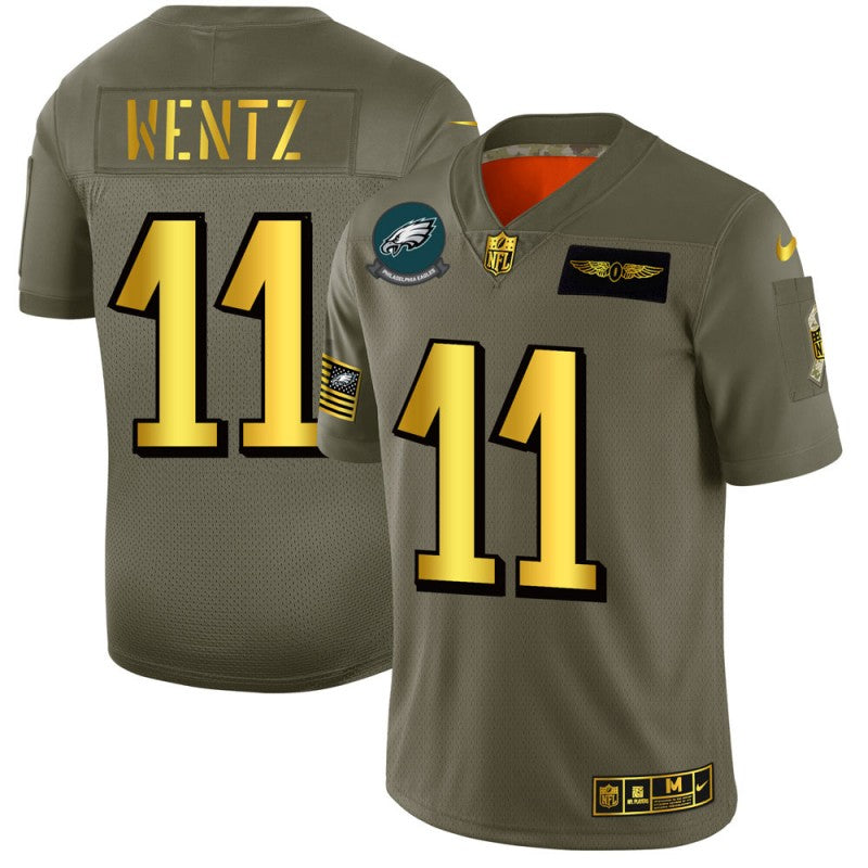 Mens Philadelphia Eagles #11 Carson Wentz 2019 Olive/Gold Salute To Service Limited Stitched NFL Jersey