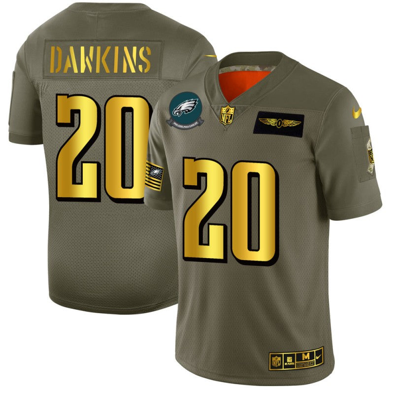 Mens Philadelphia Eagles #20 Brian Dawkins 2019 Olive/Gold Salute To Service Limited Stitched NFL Jersey