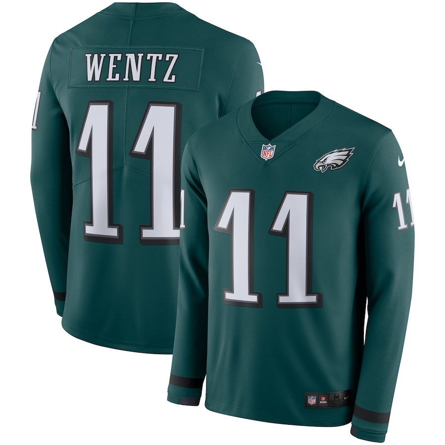 Mens Philadelphia Eagles #11 Carson Wentz Green Therma Long Sleeve Stitched NFL Jersey