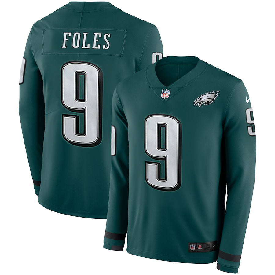 Mens Philadelphia Eagles #9 Nick Foles Green Therma Long Sleeve Stitched NFL Jersey