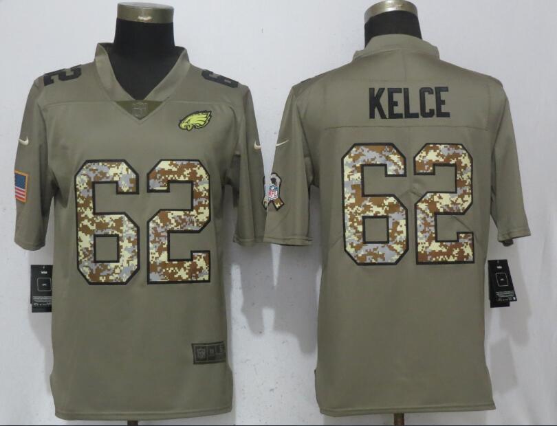 Mens Philadelphia Eagles #62 Jason Kelce Olive Camo Salute To Service Limited Stitched NFL Jersey