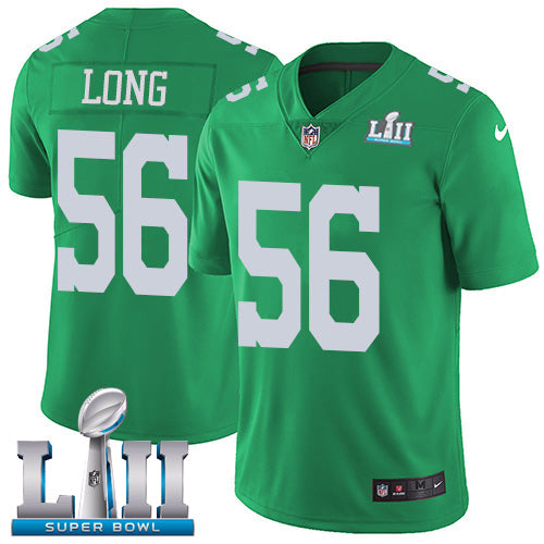 Mens Philadelphia Eagles #56 Chris Long Green Super Bowl LII Bound Game Event Stitched NFL Jersey